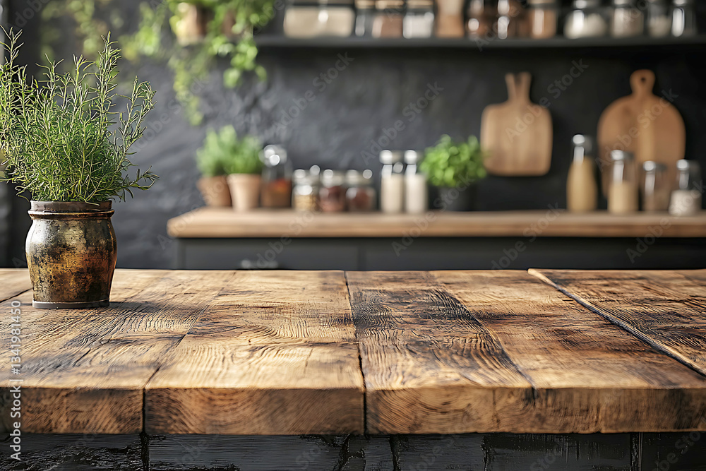 Fototapeta premium Rustic Wooden Tabletop with Herbs, Blurred Kitchen Background - Stock Photo