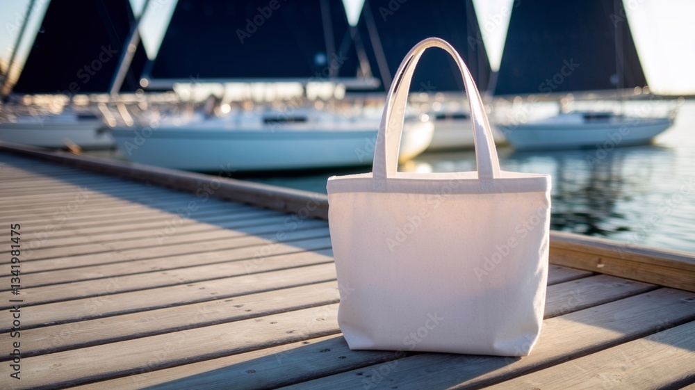 Fototapeta premium Tote bag mockup standing on a wooden pier by the water with yachts in the background. Perfect for branding, logo presentation, and eco-friendly product design in a nautical setting.