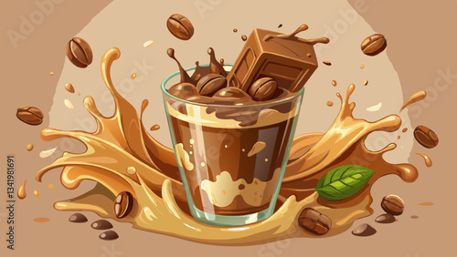 chocolate drink, splash effect of cacao milk glass with droplets in air, cacao bits on the surface, neutral background