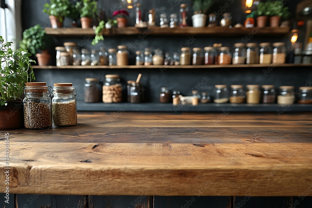 Rustic Wooden Kitchen Countertop with Herbs and Spice Jars - Stock Photo Rustic Wooden Kitchen Countertop with Herbs and Spice Jars - Stock Photo