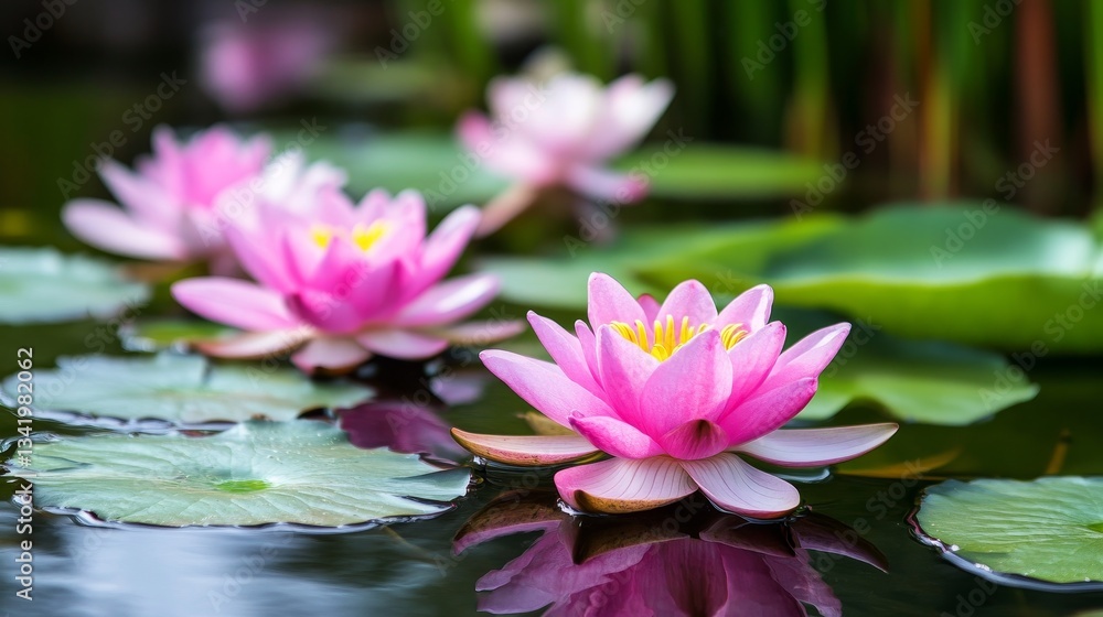Serene Pink Water Lilies in Bloom - Three beautiful pink water lilies float serenely on a calm pond, surrounded by lush green lily pads. A tranquil nature scene Serene Pink Water Lilies in Bloom - Three beautiful pink water lilies float serenely on a calm pond, surrounded by lush green lily pads. A tranquil nature scene