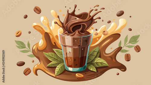 chocolate drink, splash effect of cacao milk glass with droplets in air, cacao bits on the surface, neutral background