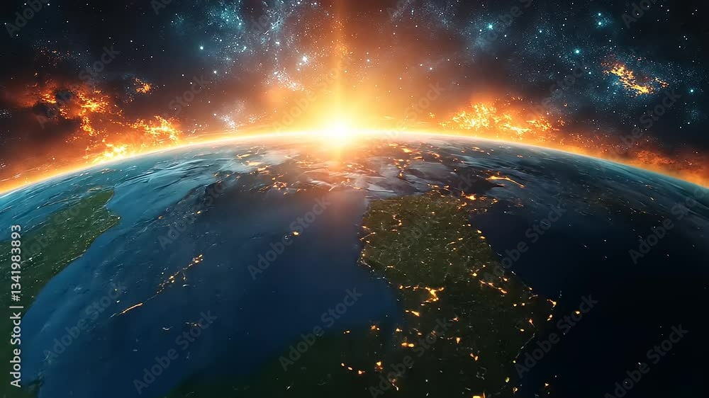 Stunning view of Earth at sunrise, showcasing vibrant colors and cosmic background Stunning view of Earth at sunrise, showcasing vibrant colors and cosmic background