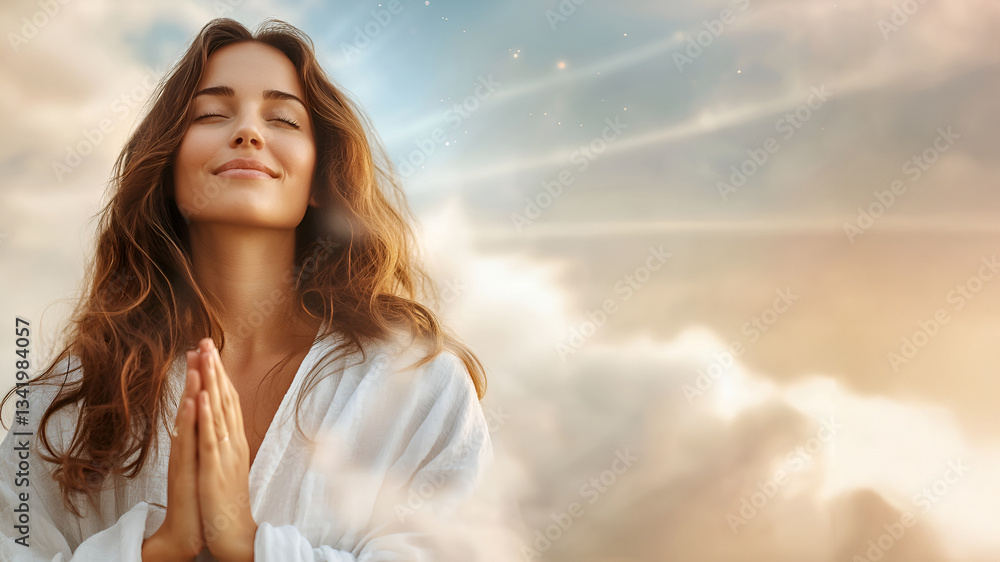 Peaceful young caucasian woman praying or meditating in serene cloudscape Peaceful young caucasian woman praying or meditating in serene cloudscape