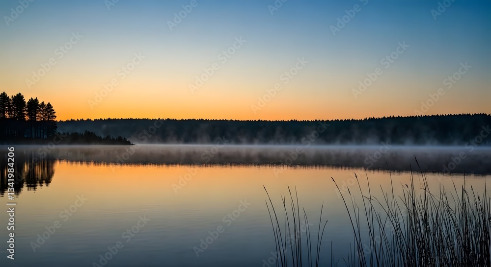 Fototapeta premium A tranquil lake with a foggy horizon at dawn.jpg