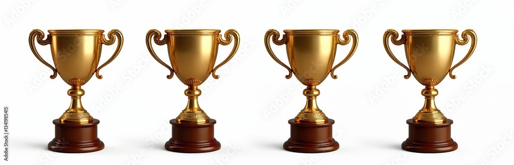 Set of four gold trophy cups isolated on white background. Concept of competition success, winning in sport or business. Shiny champion award, prize for first place, victory. Celebrate achievement. Set of four gold trophy cups isolated on white background. Concept of competition success, winning in sport or business. Shiny champion award, prize for first place, victory. Celebrate achievement.