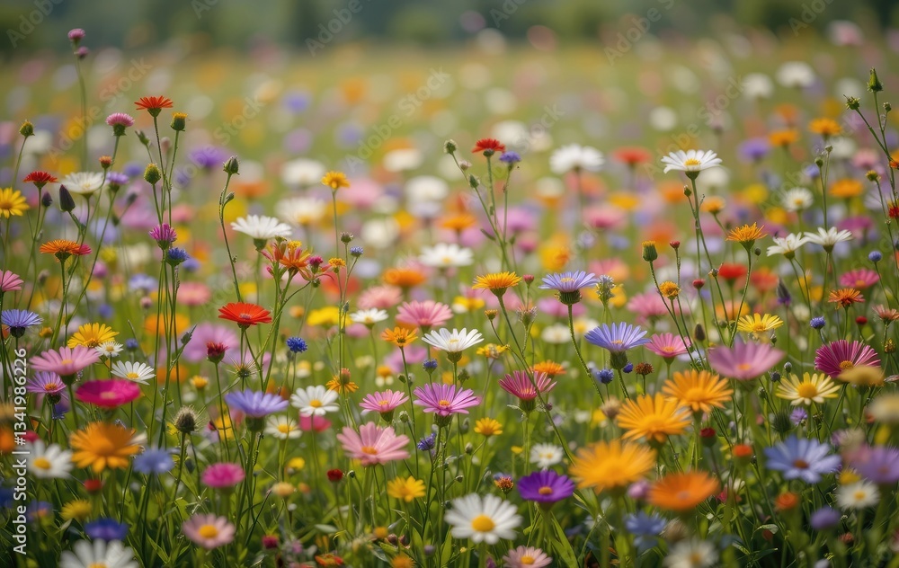 Blooming Wildflower Meadow in Springtime Sunlight with Colorful Assorted Flowers