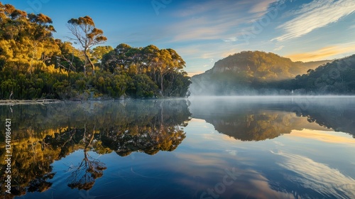 Serene morning scene: mist over lake with mirror reflection