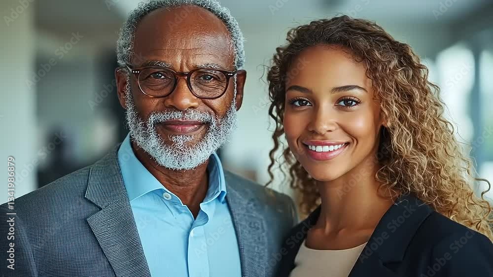 Professional portrait of a smiling older man and young woman in a modern office setting, showcasing collaboration Professional portrait of a smiling older man and young woman in a modern office setting, showcasing collaboration