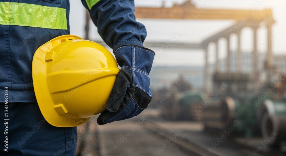Construction worker in uniform holding yellow helmet at industrial site background Construction worker in uniform holding yellow helmet at industrial site background