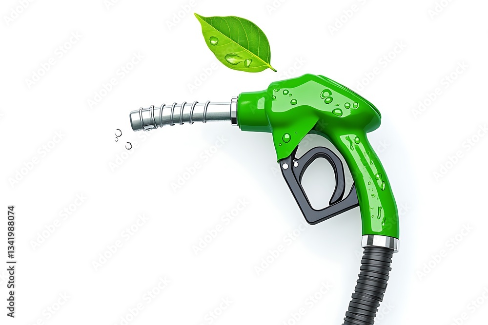 Green Biofuel Nozzle with Water Drops and Leaf Eco-Friendly Fuel Concept Green Biofuel Nozzle with Water Drops and Leaf Eco-Friendly Fuel Concept