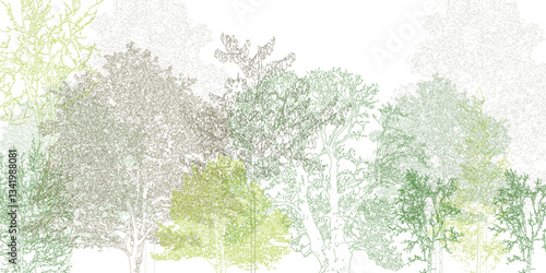 Architectural Drawings, Minimal style cad tree line drawing, Side view, set of section wetland forest outline for landscape design drawing. Vector illustration in seperate element background