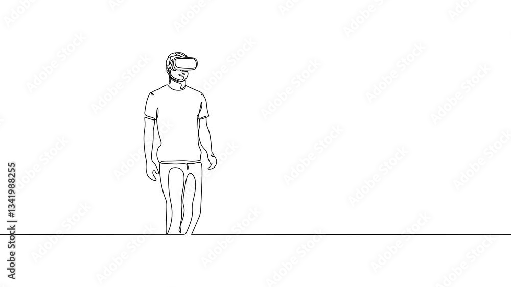 Man wearing virtual reality goggles. Represents immersive digital experience and modern tech. Continuous line art drawing animation black and white. Man wearing virtual reality goggles. Represents immersive digital experience and modern tech. Continuous line art drawing animation black and white.
