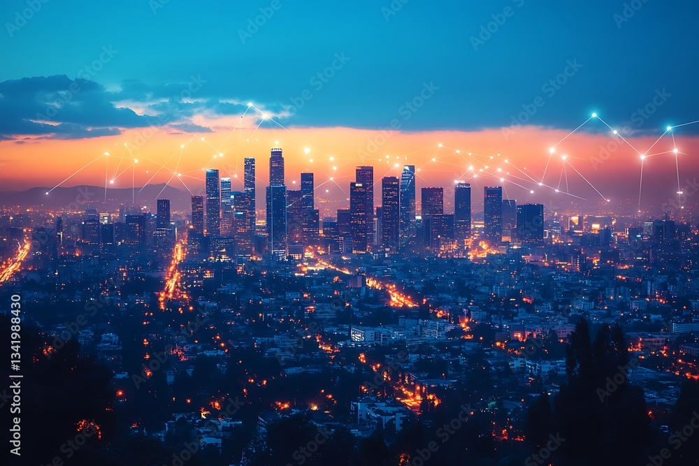 Obraz premium Stunning Night Cityscape Connected Los Angeles Skyline at Sunset with Network Connections