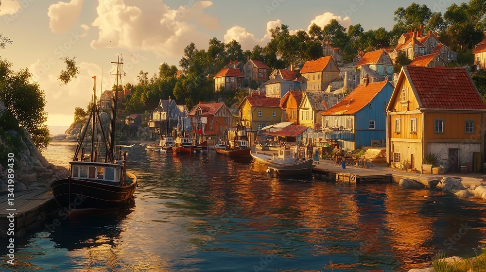 Fototapeta premium idyllic coastal village sunset fishing boats scenic coastal landscape vivid colors