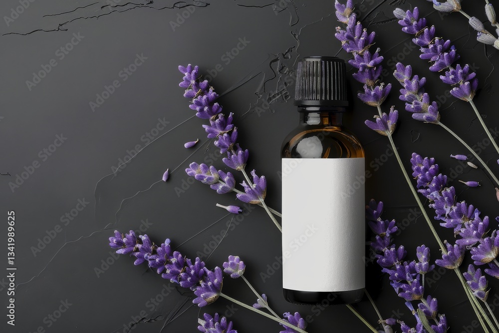 Lavender essential oil bottle beside fresh lavender flowers on a dark stone surface. Copy space Lavender essential oil bottle beside fresh lavender flowers on a dark stone surface. Copy space
