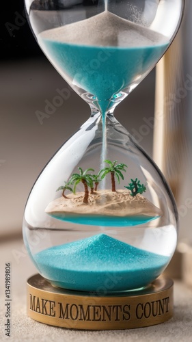 Close-up of an hourglass with blue sand and a miniature tropical island inside, featuring the text MAKE MOMENTS COUNT on the base photo