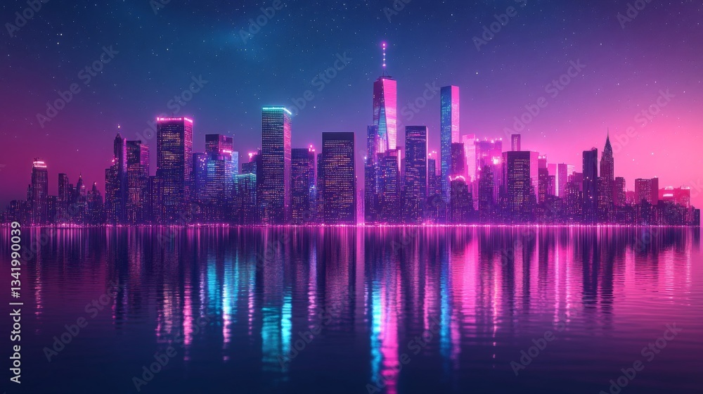 Fototapeta premium Neon Cityscape Reflection at Night