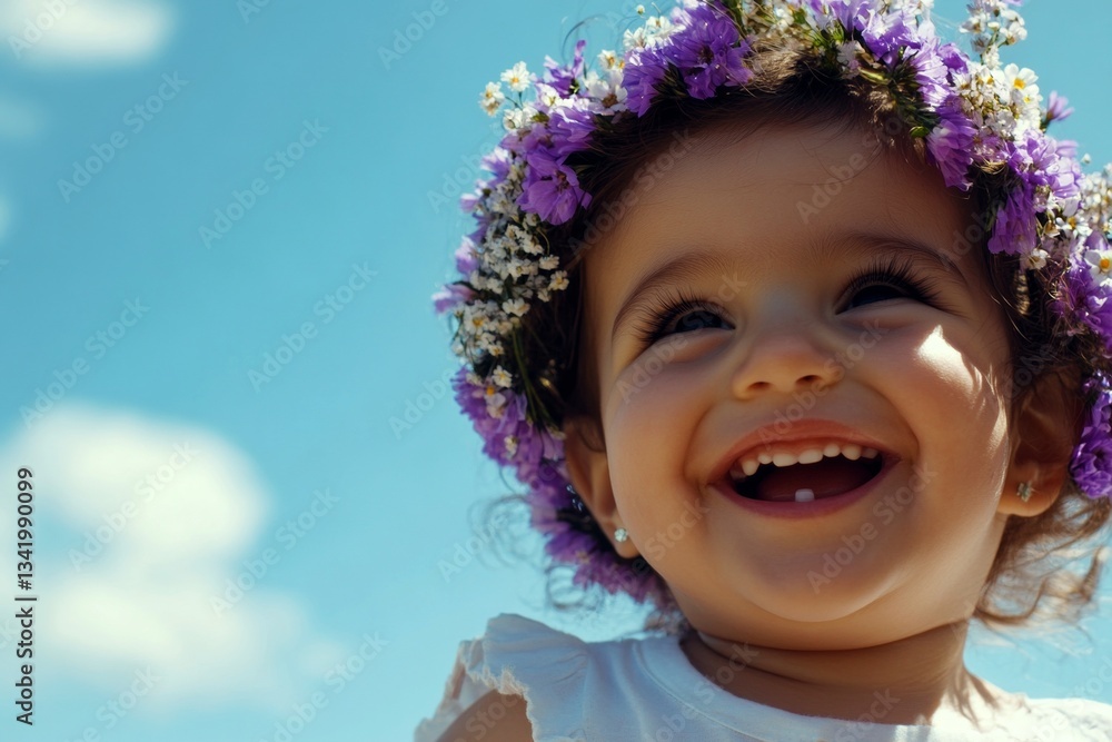 Happy middle eastern toddler girl wearing purple flower circlet on her head. Sunny daylight. Happy vacation time symbol. Happy holidays for kids. Child’s peaceful summer retreat. Happy middle eastern toddler girl wearing purple flower circlet on her head. Sunny daylight. Happy vacation time symbol. Happy holidays for kids. Child’s peaceful summer retreat.