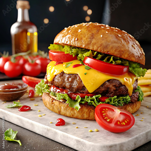 Hamburguer,Cheeseburger with cutlet,Tomato,Cheese and greens, bacon, cheese and lettuce isolated on black background.