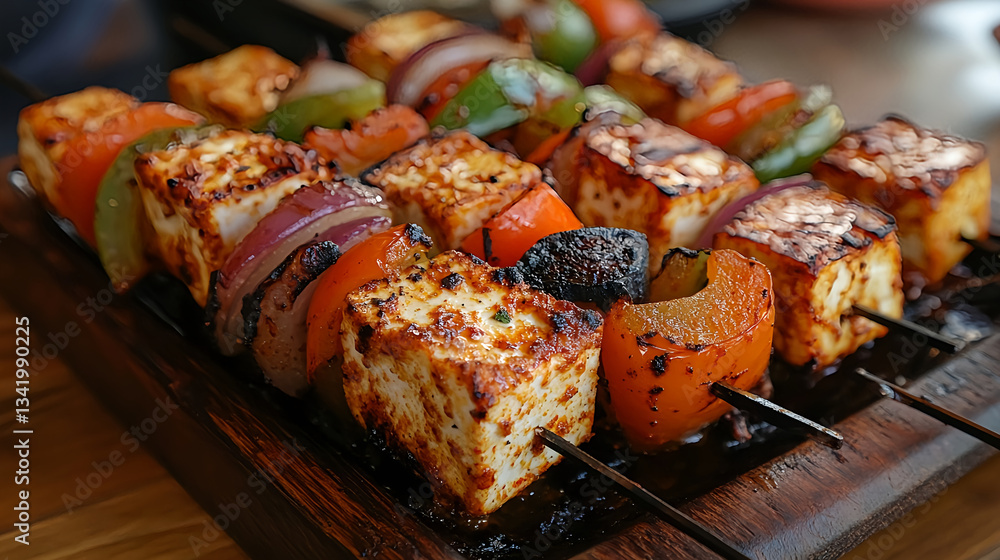 A beautiful platter of Paneer Tikka, with charred cottage cheese cubes marinated in Indian spices, skewered with bell peppers and onions A beautiful platter of Paneer Tikka, with charred cottage cheese cubes marinated in Indian spices, skewered with bell peppers and onions