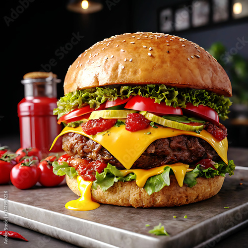 Hamburguer,Cheeseburger with cutlet,Tomato,Cheese and greens, bacon, cheese and lettuce isolated on black background.