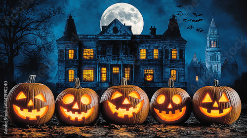 Spooky Halloween Scene with Carved Pumpkins in Front of an Eerie Haunted House at Night