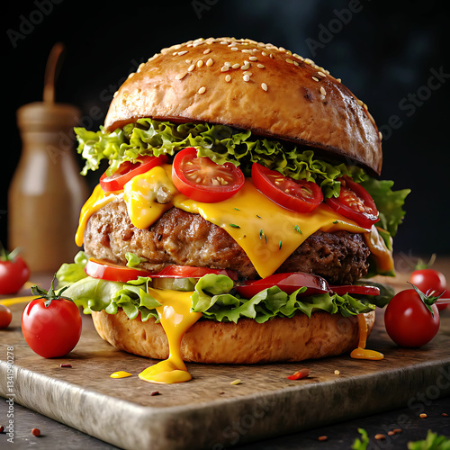 Hamburguer,Cheeseburger with cutlet,Tomato,Cheese and greens, bacon, cheese and lettuce isolated on black background.