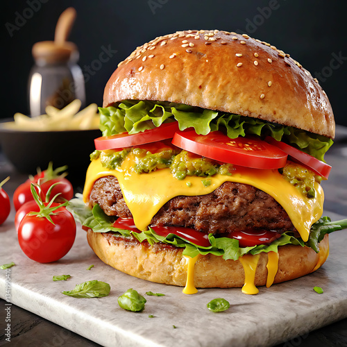 Hamburguer,Cheeseburger with cutlet,Tomato,Cheese and greens, bacon, cheese and lettuce isolated on black background.