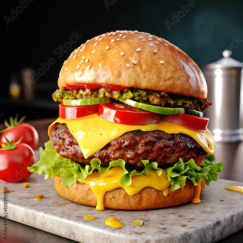 Hamburguer,Cheeseburger with cutlet,Tomato,Cheese and greens, bacon, cheese and lettuce isolated on black background.