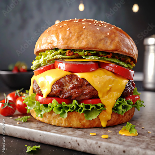 Hamburguer,Cheeseburger with cutlet,Tomato,Cheese and greens, bacon, cheese and lettuce isolated on black background.