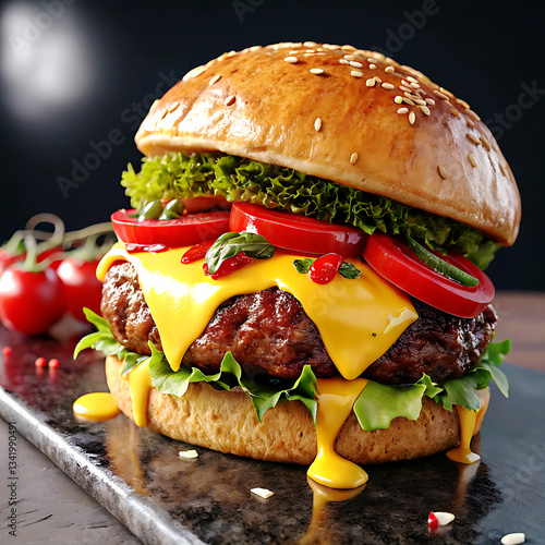 Hamburguer,Cheeseburger with cutlet,Tomato,Cheese and greens, bacon, cheese and lettuce isolated on black background.