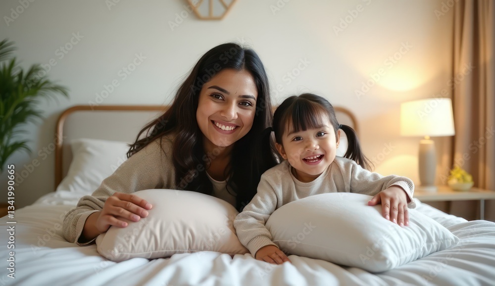 joyful indian mother and baby lying on pillows joyful indian mother and baby lying on pillows