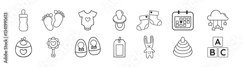 Baby vector icon set. Baby's attributes collection, baby toys, feeding and care elements. Simple vector illustration.