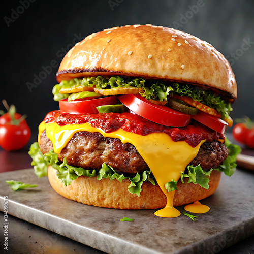 Hamburguer,Cheeseburger with cutlet,Tomato,Cheese and greens, bacon, cheese and lettuce isolated on black background.