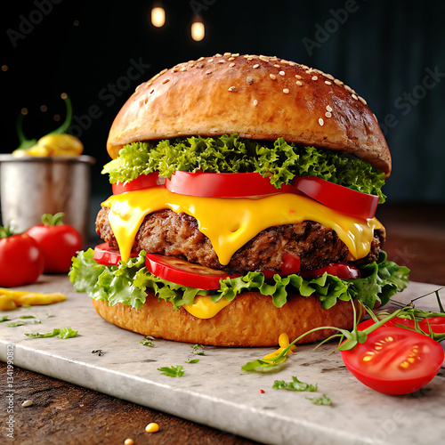 Hamburguer,Cheeseburger with cutlet,Tomato,Cheese and greens, bacon, cheese and lettuce isolated on black background.