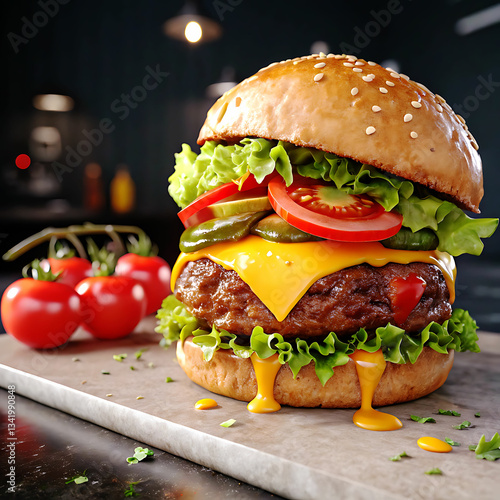 Hamburguer,Cheeseburger with cutlet,Tomato,Cheese and greens, bacon, cheese and lettuce isolated on black background.