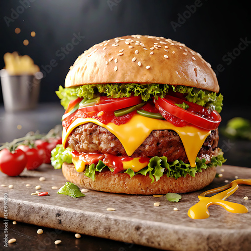 Hamburguer,Cheeseburger with cutlet,Tomato,Cheese and greens, bacon, cheese and lettuce isolated on black background.