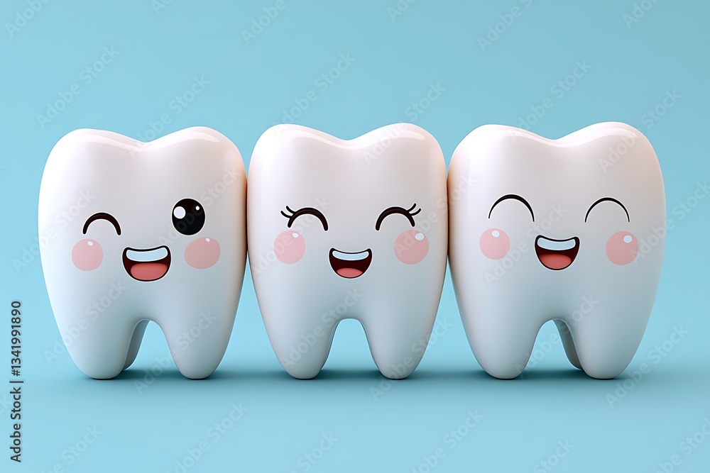 Obraz premium Cute Cartoon Teeth Characters Smiling Together on Blue Background