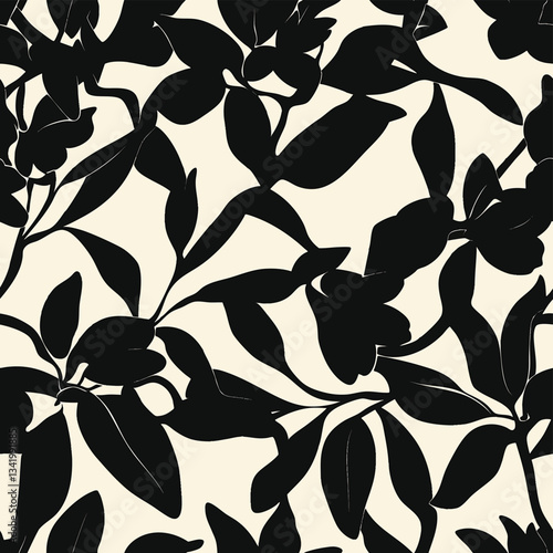 Seamless floral vector laconic black and white handmade ink drawing for fabric design, decor, ceramics, greeting cards, flowers, texture print for backgrounds