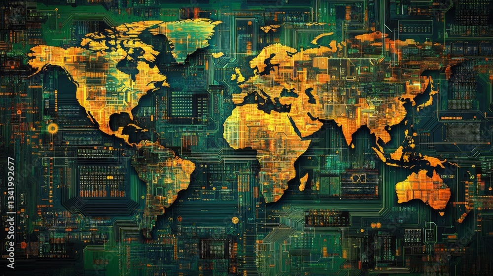 Fototapeta premium Digital World Map: Abstract Pixel Art of Global Network