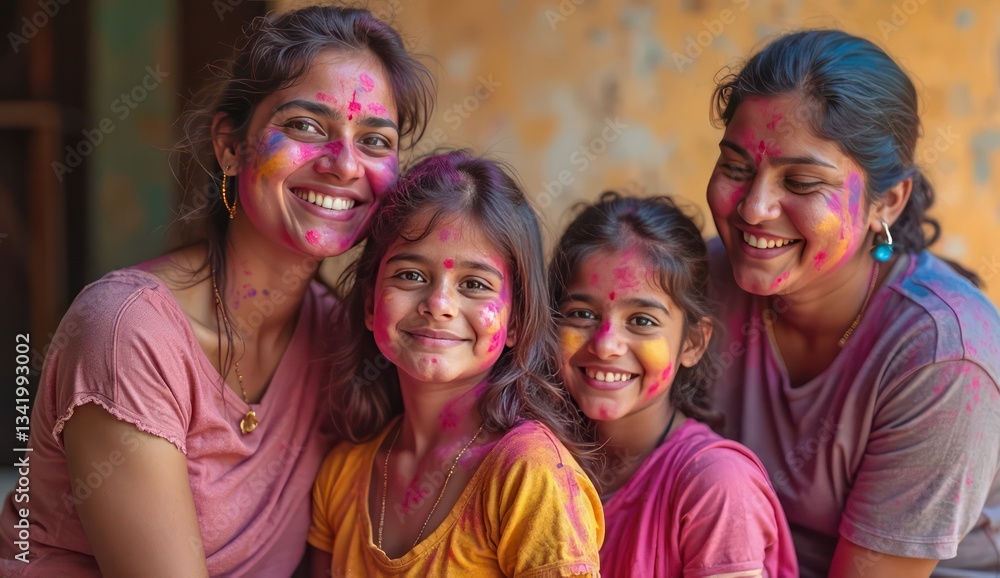 Fototapeta premium group of holi celebrants covered in bright colors and posing