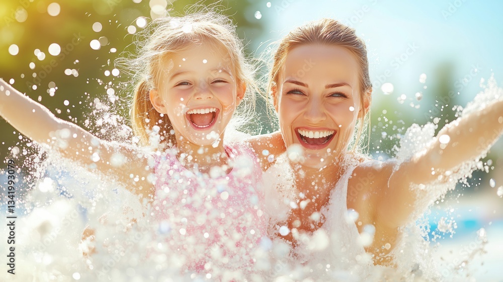 Joyful mother and daughter enjoying summer at the pool, splashing water and smiling brightly in the sunlight Joyful mother and daughter enjoying summer at the pool, splashing water and smiling brightly in the sunlight
