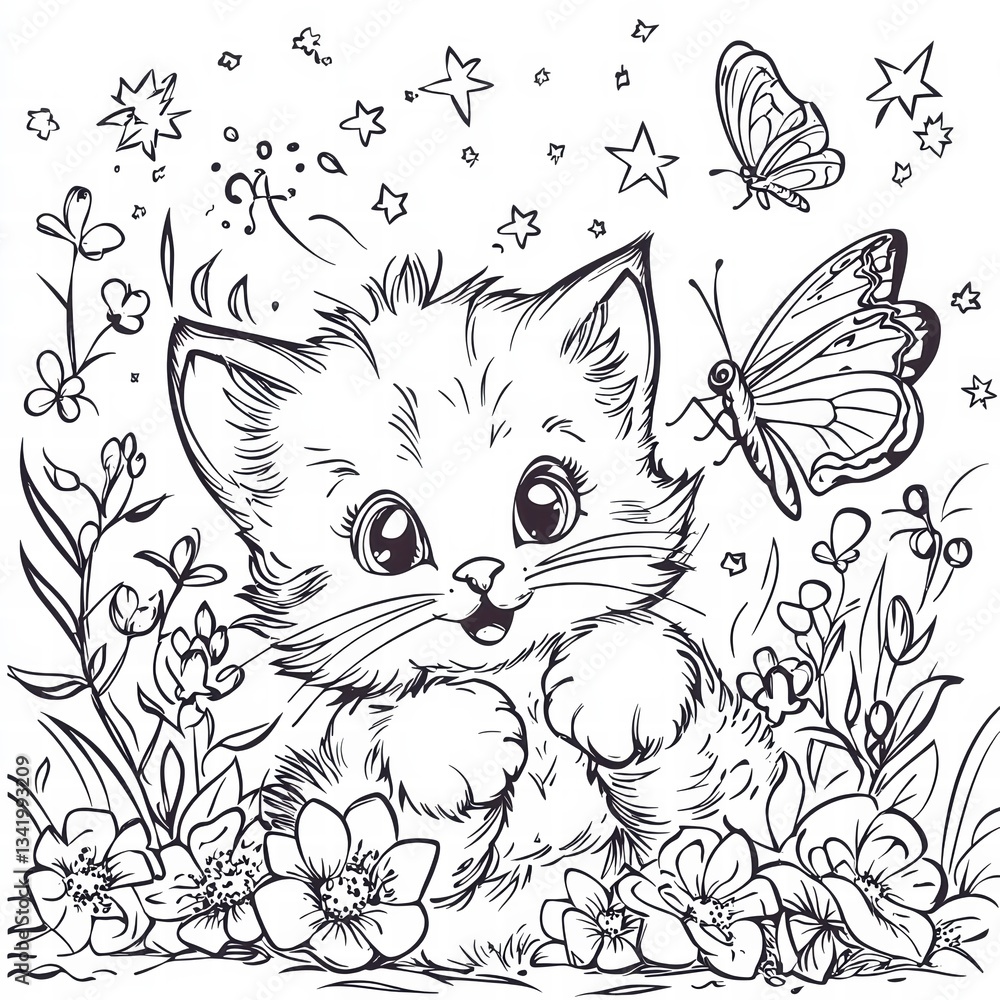 Obraz premium Playful kitten with butterfly: A charming illustration of a playful kitten, captured in an artful, eye-catching moment, set amidst nature's beauty.