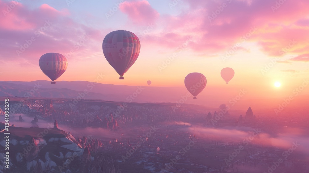 Obraz premium Captivating sunrise over otherworldly landscape adorned with ethereal hot air balloons