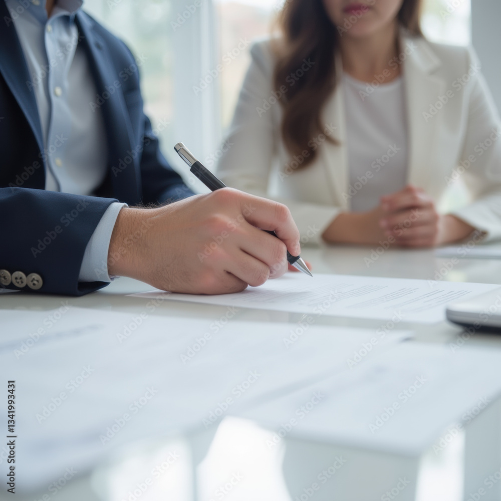 person is signing document while another individual observes attentively, showcasing professional setting person is signing document while another individual observes attentively, showcasing professional setting