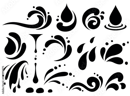 Water drops, falling droplets, splash, splatter wave icons