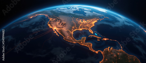 Fototapeta Naklejka Na Ścianę i Meble -  Earth view from space showing North America illuminated at night, highlighting cities and infrastructure