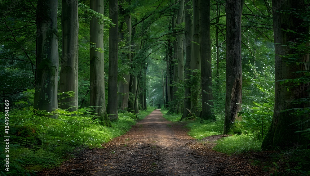 Obraz premium Forest Path Through Green Trees: Tranquil Nature Walk in Woodland Scenery