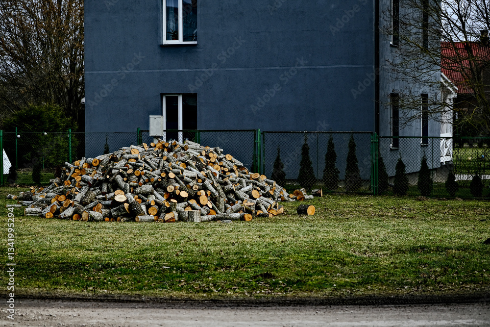 Obraz premium pile of firewood near house